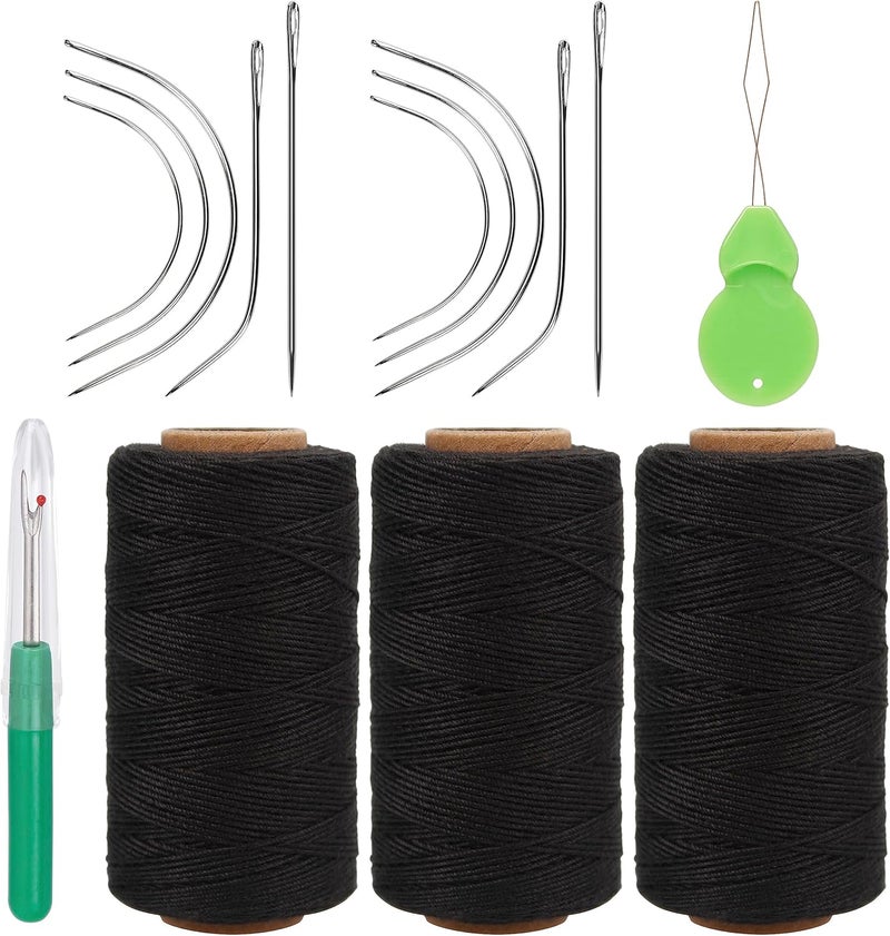 Lusecarl Needle and Thread for Hair Extensions 3 Rolls Hair Weave Sewing Threads with 10 Pcs C J I Shape Curved Upholstery Needles for Hand Sewing, Hair Extensions, Making Wigs DIY (10+3, Black) - Image 1